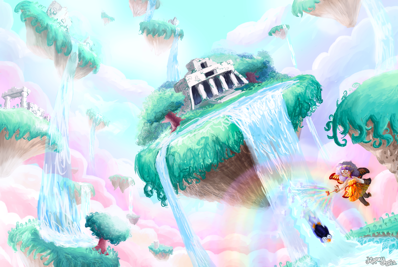 Illustration of some grassy floating islands and some temple ruins, in a bright pink and blue cloudy sky. A few islands have waterfalls running between each other and a orange monarch butterfly inspired fairy casts a magic spell turning a waterfall to ice for a small penguin to slide down.